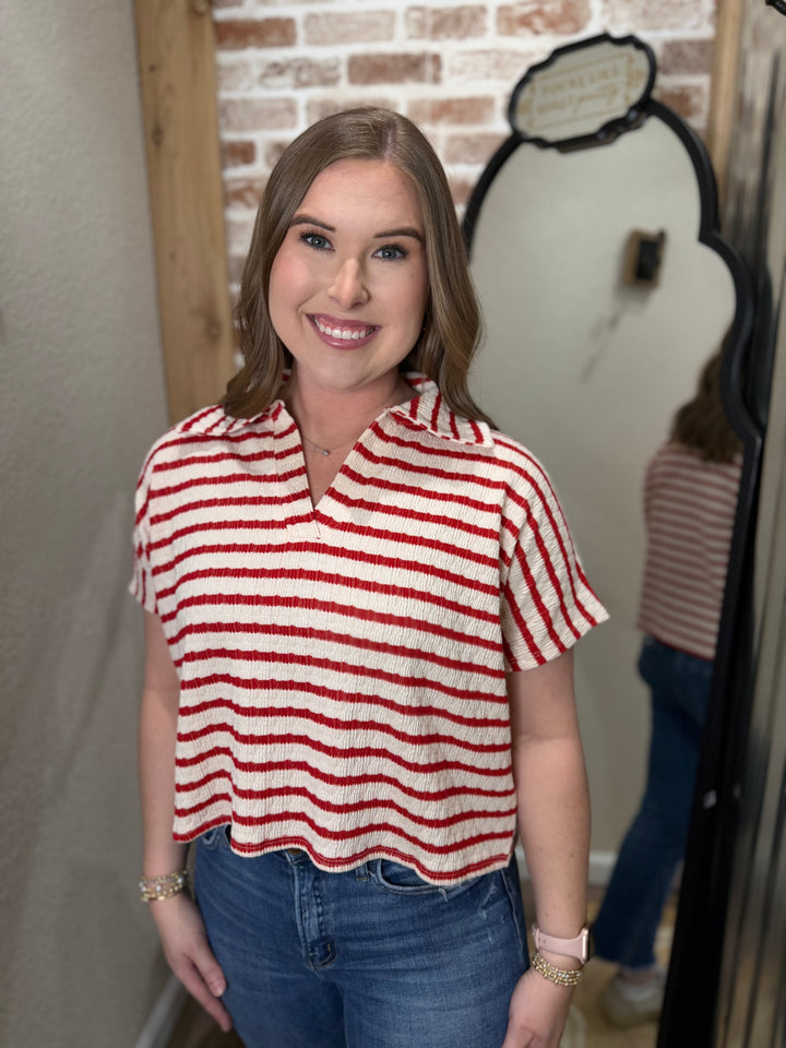 RUBY | STRIPED SPLIT NECK COLLARED TOP