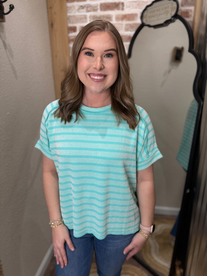 TURQUOISE | RAISED RIB STRIPED EXPOSED SEAM TOP