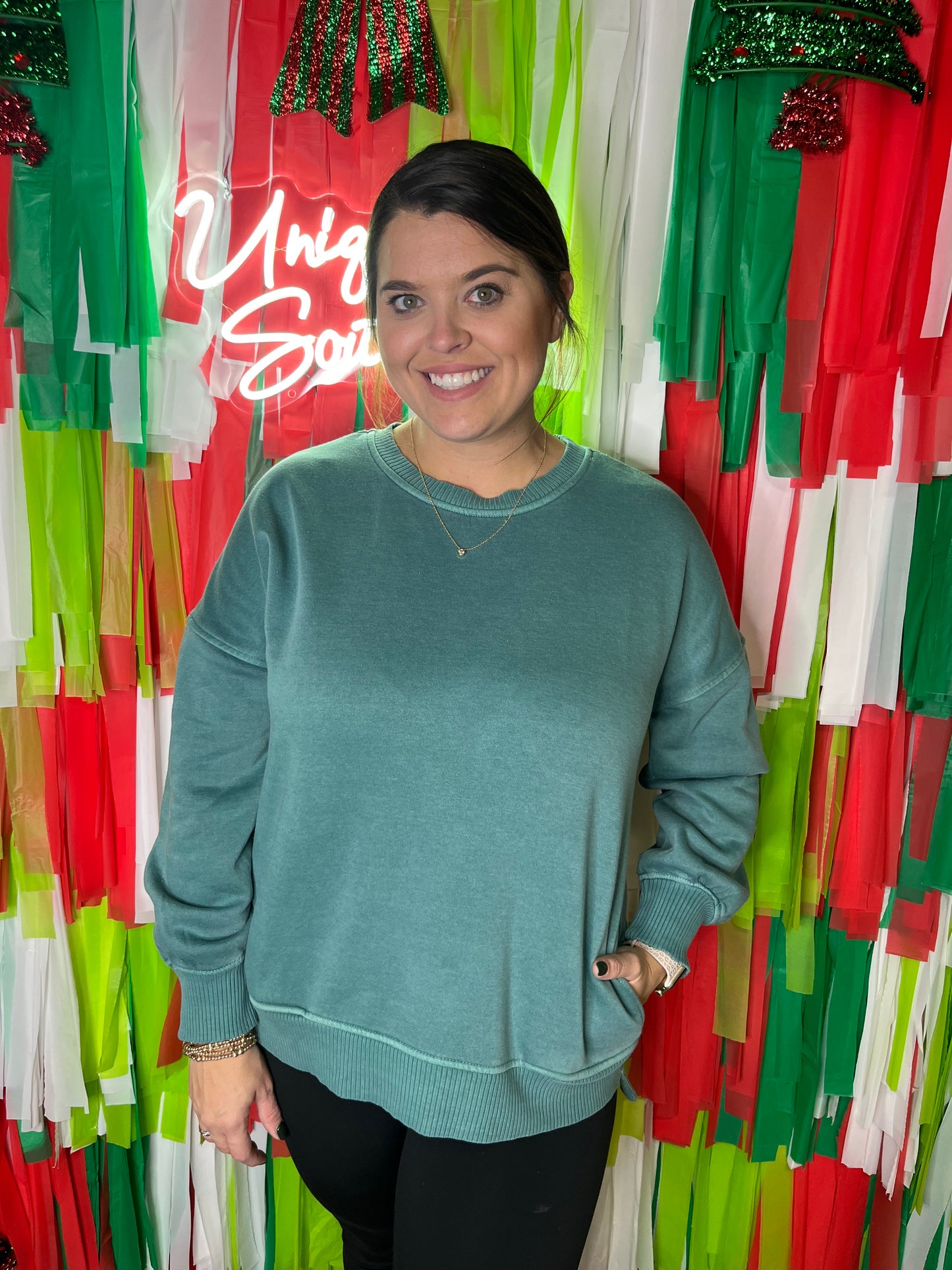 Fleece Hi-Low Hem Pullover W/ Pocket - Teal