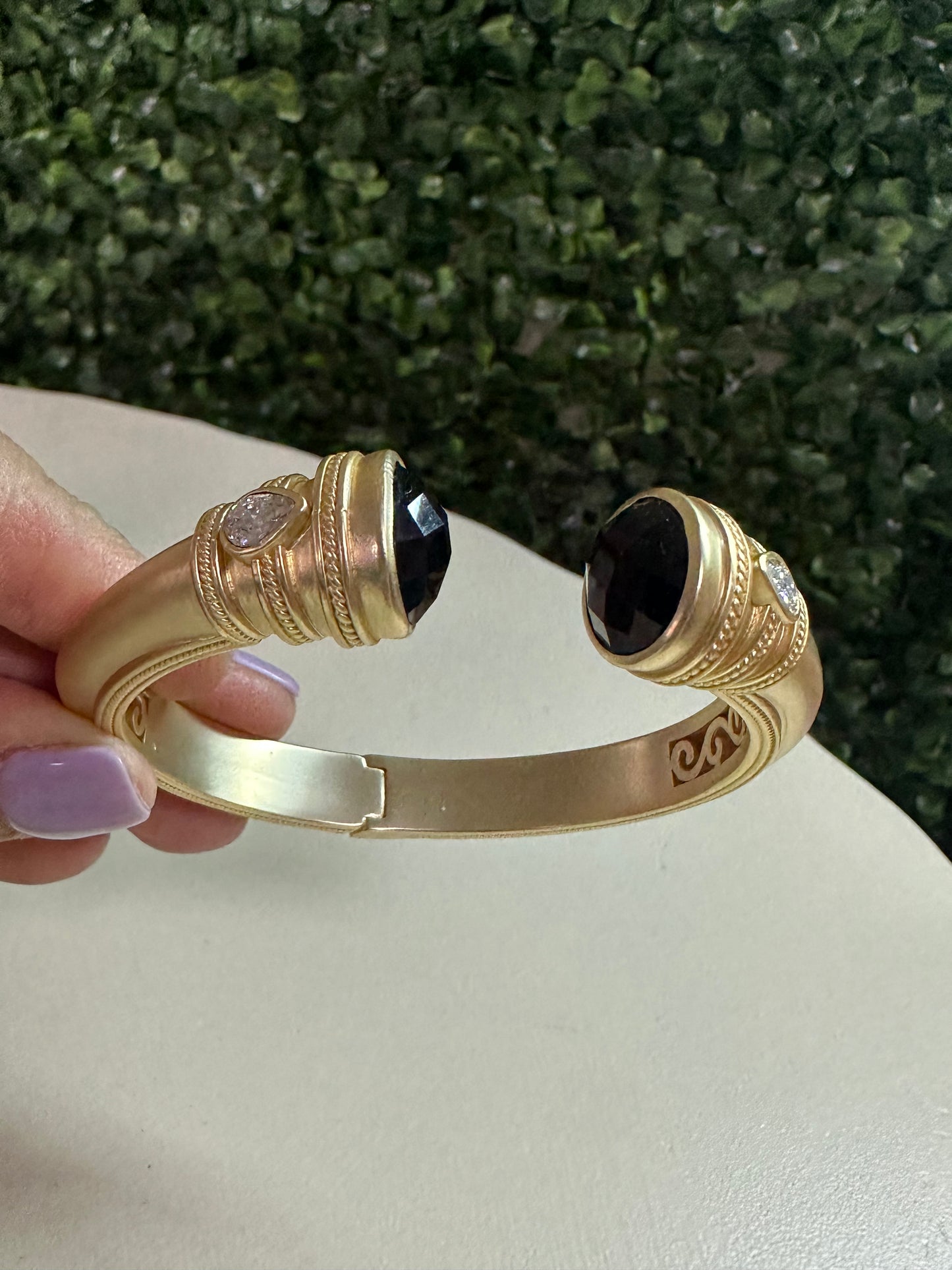 Gold Matte Bead End Cuff Bracelet - Black