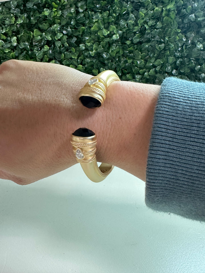 Gold Matte Bead End Cuff Bracelet - Black