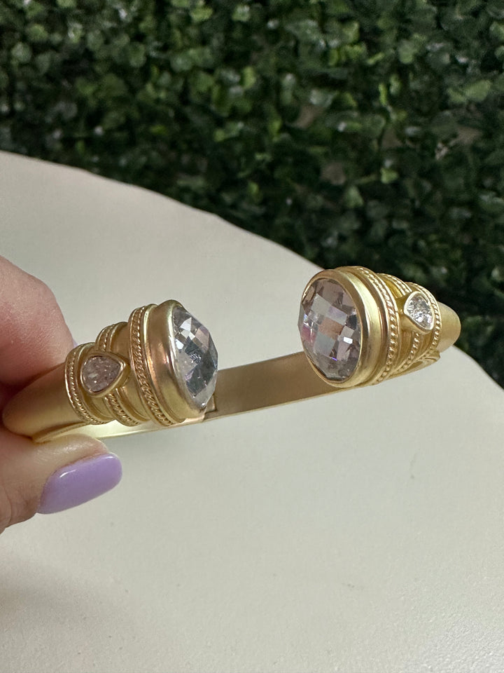 Gold Matte Bead End Cuff Bracelet - Clear