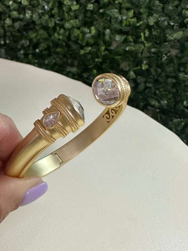 Gold Matte Bead End Cuff Bracelet - Clear