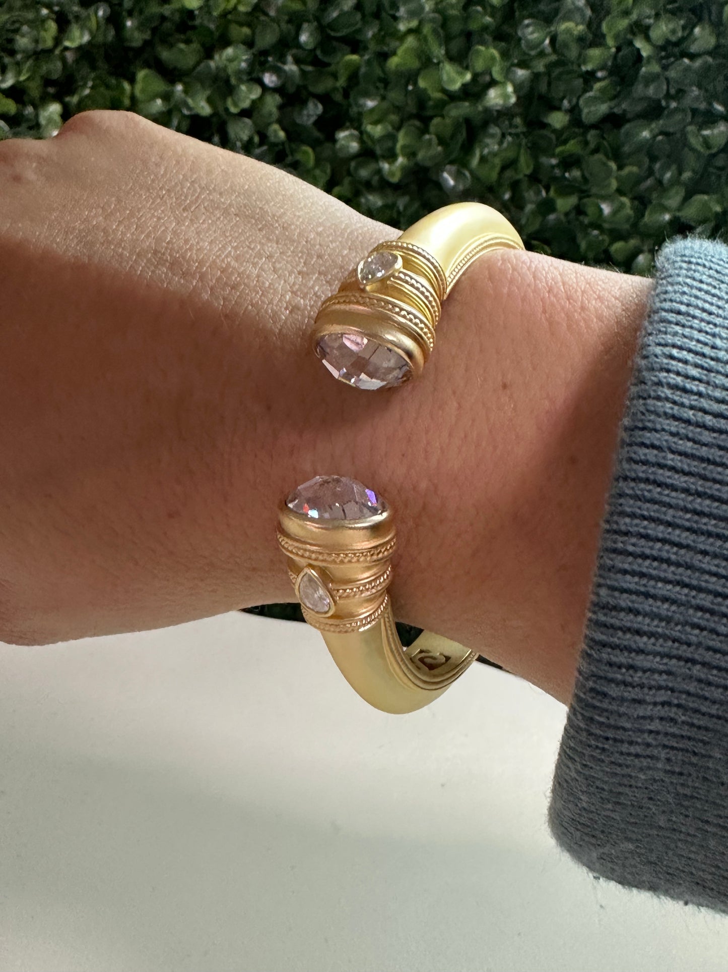 Gold Matte Bead End Cuff Bracelet - Clear