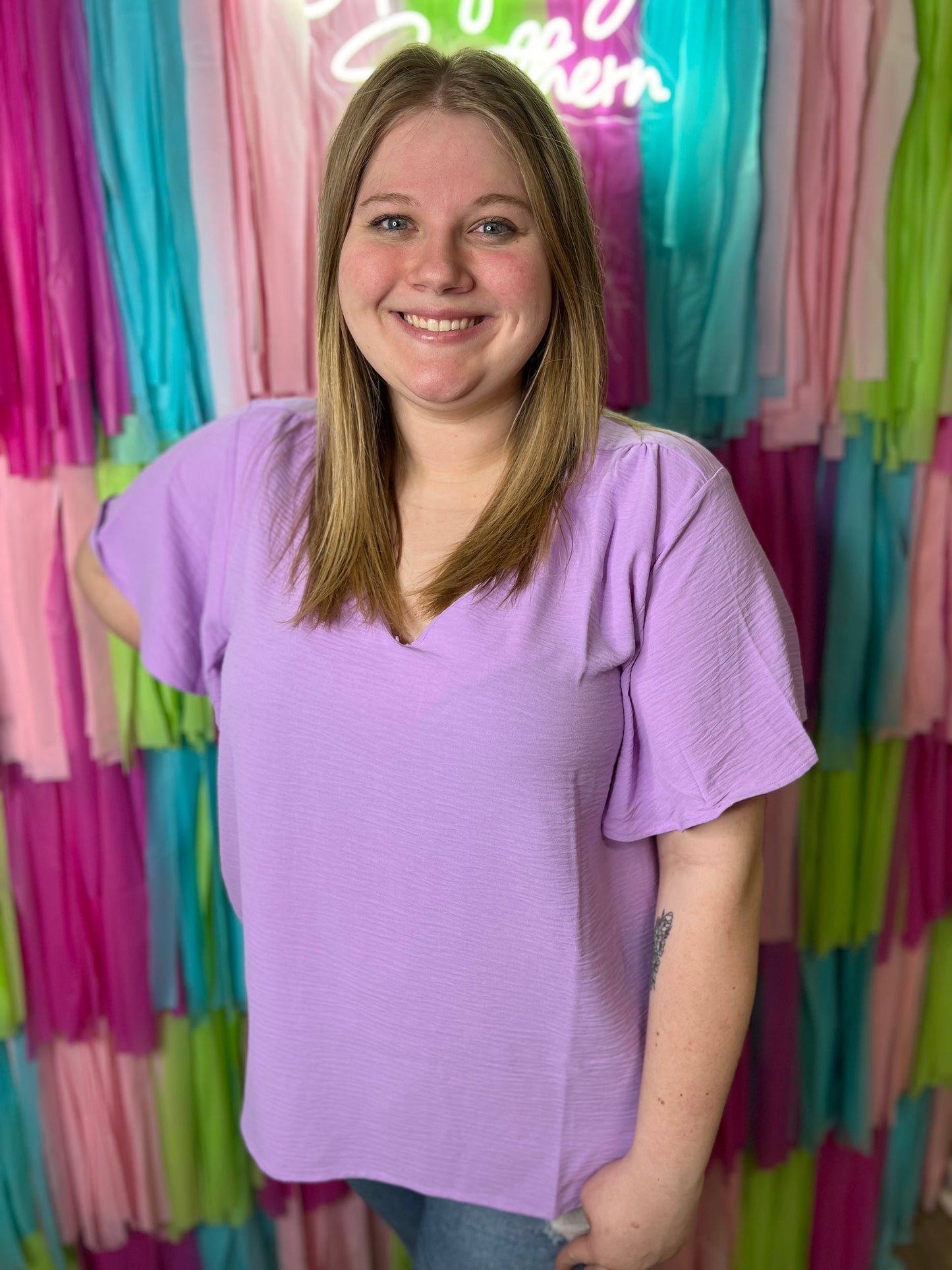 Curvy Woven Airflow Flutter Sleeve Top