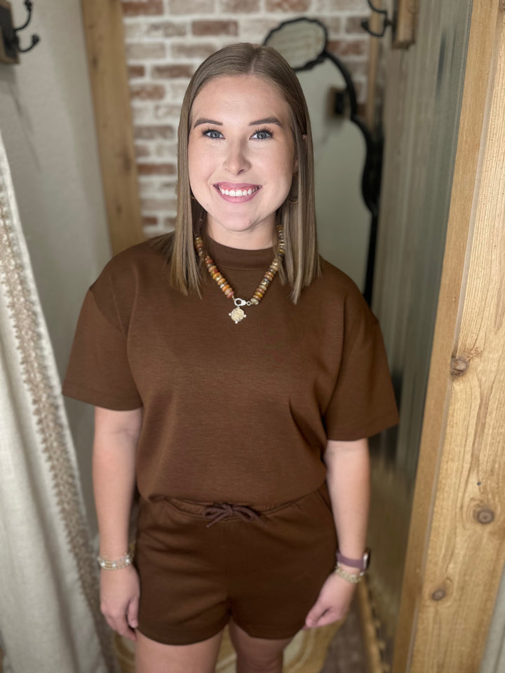 SCUBA HIGH NECK TOP & DOLPHIN SHORTS SET | Brown