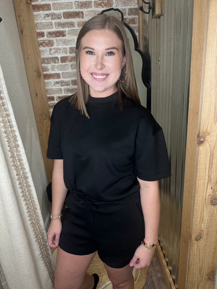 SCUBA HIGH NECK TOP & DOLPHIN SHORTS SET | Black