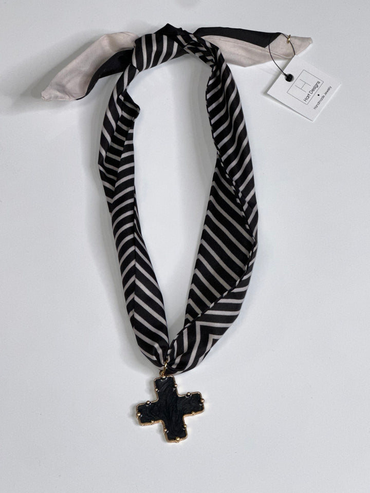 Hart Designs Scarf Necklace- Black Stripe Cross
