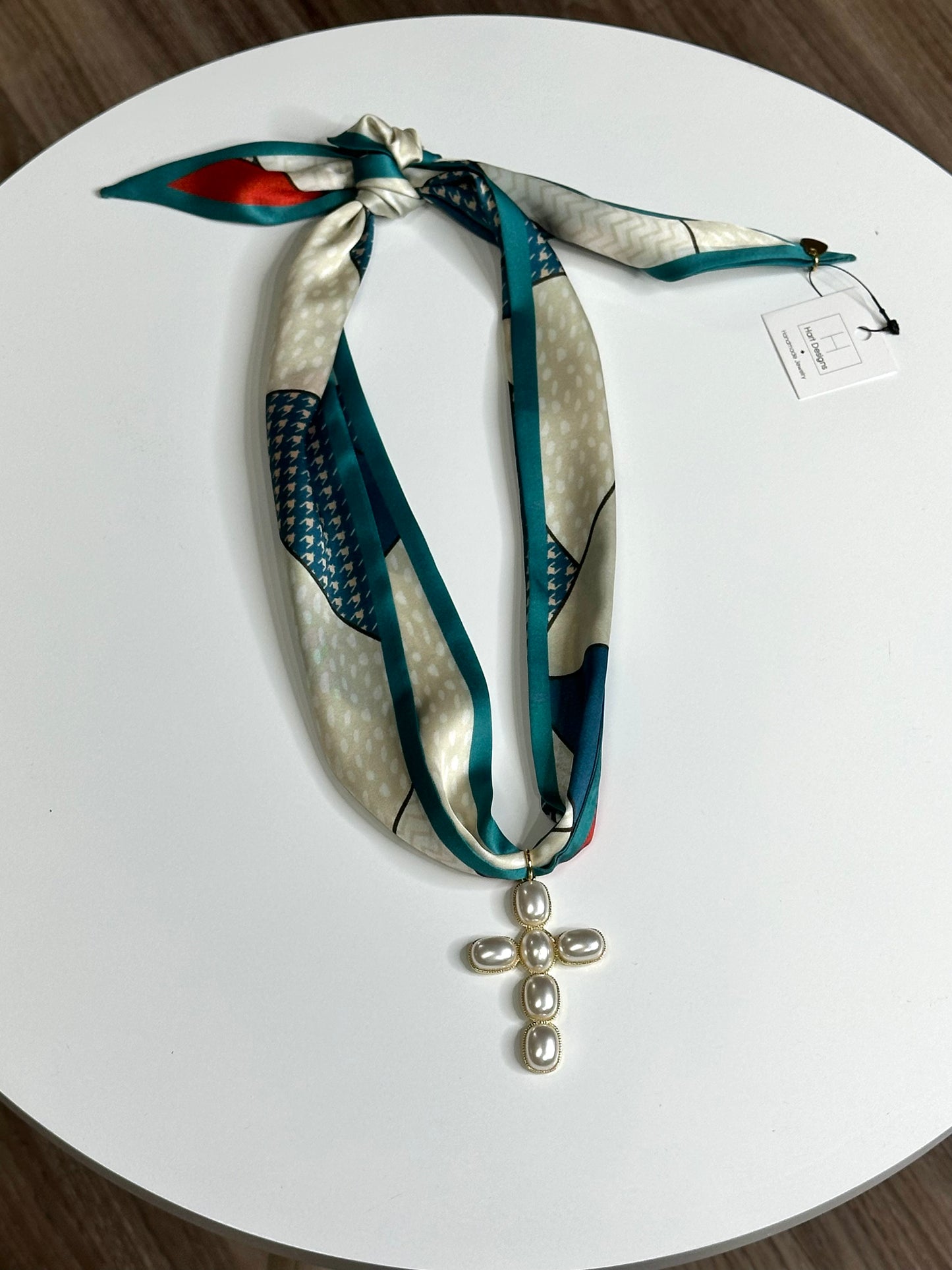Hart Designs Scarf Necklace- Teal with Pearl Cross