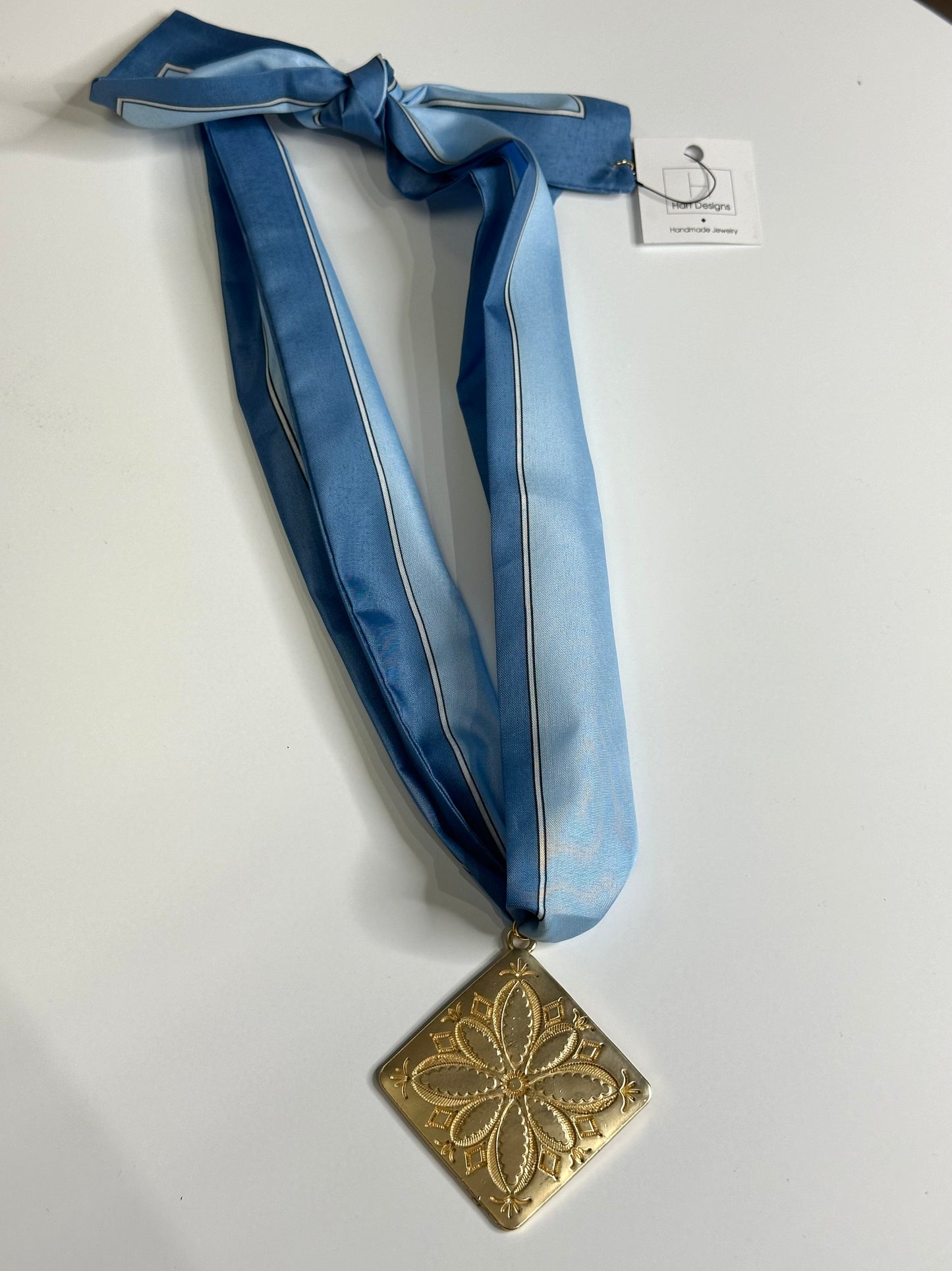 Hart Designs Scarf Necklace- Blue with gold pendant