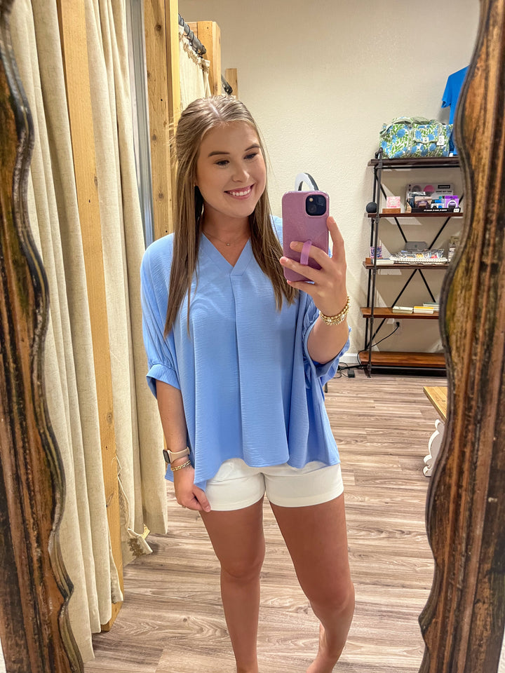 The Iris Woven Airflow V-neck Top| Spring Blue