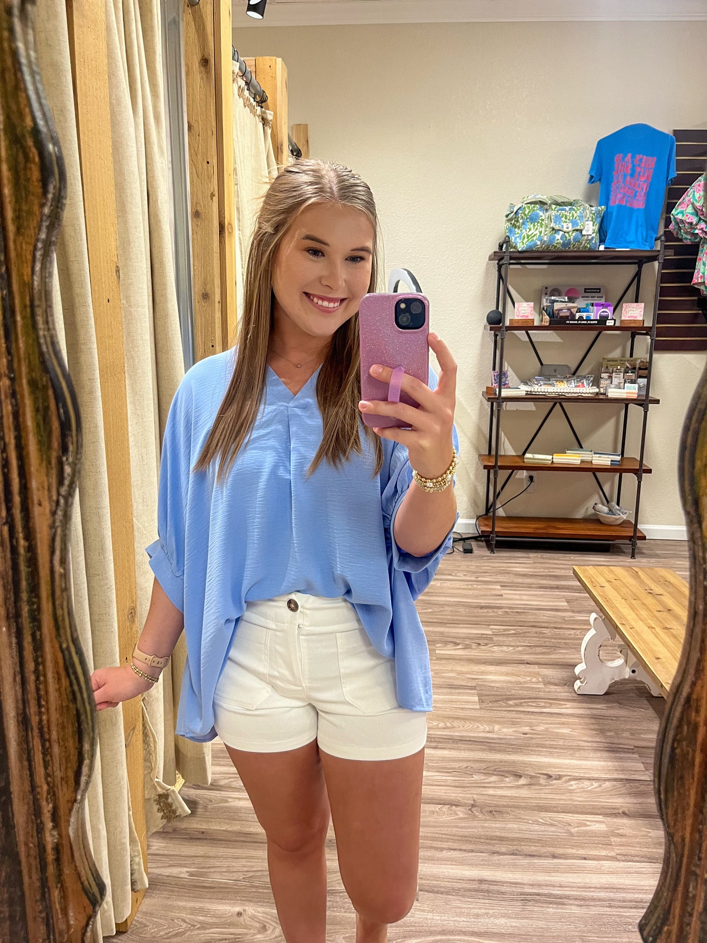 The Iris Woven Airflow V-neck Top| Spring Blue