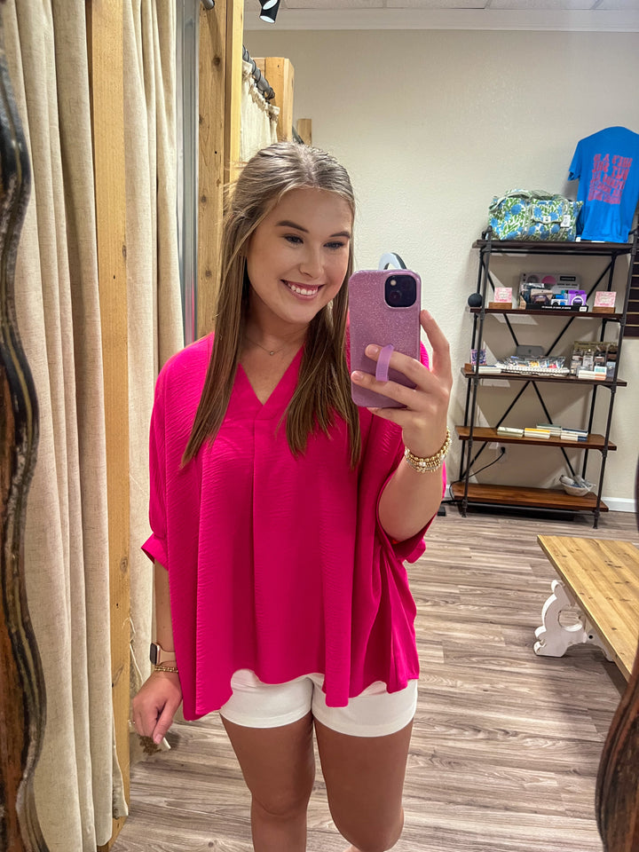 The Iris Woven Airflow V-neck Top| Hot Pink