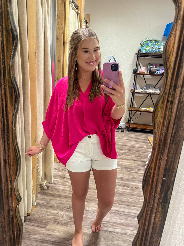 The Iris Woven Airflow V-neck Top| Hot Pink