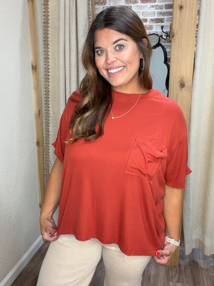 Ellie Oversized Ribbed Top| Rust