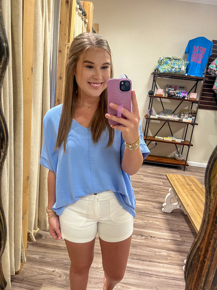 The Rowan Woven Airflow Top| Spring Blue