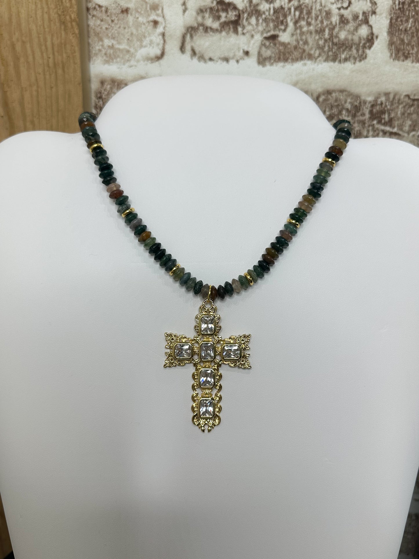 Olive Beaded Necklace with Cross Pendant