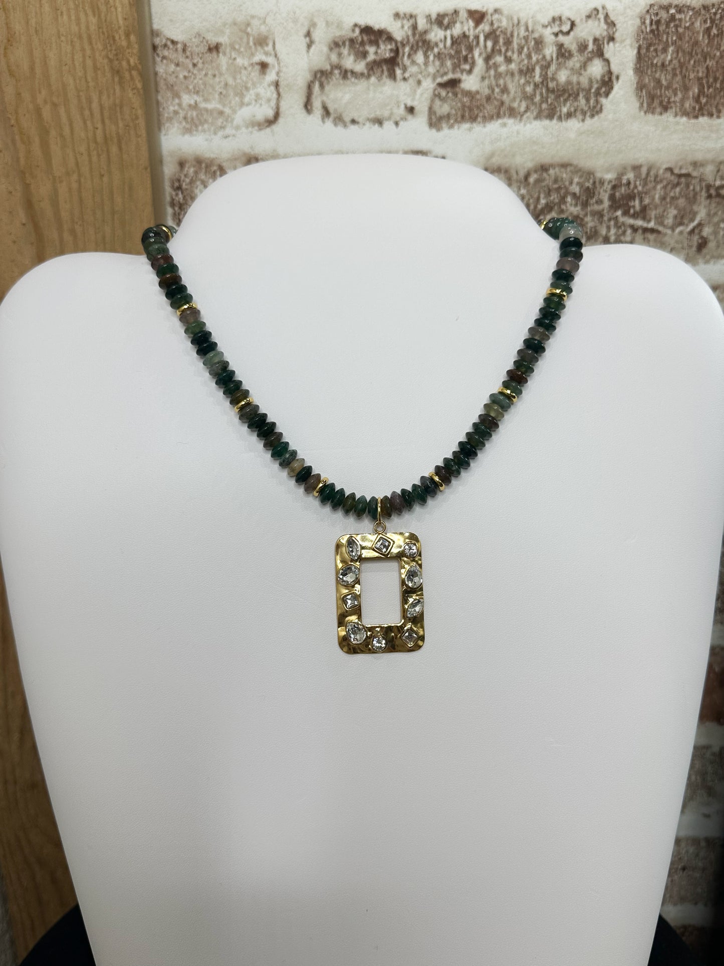 Olive Beaded Necklace with Jeweled Pendant