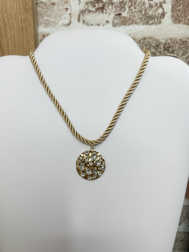Beige Rope Necklace with Jeweled Pendant