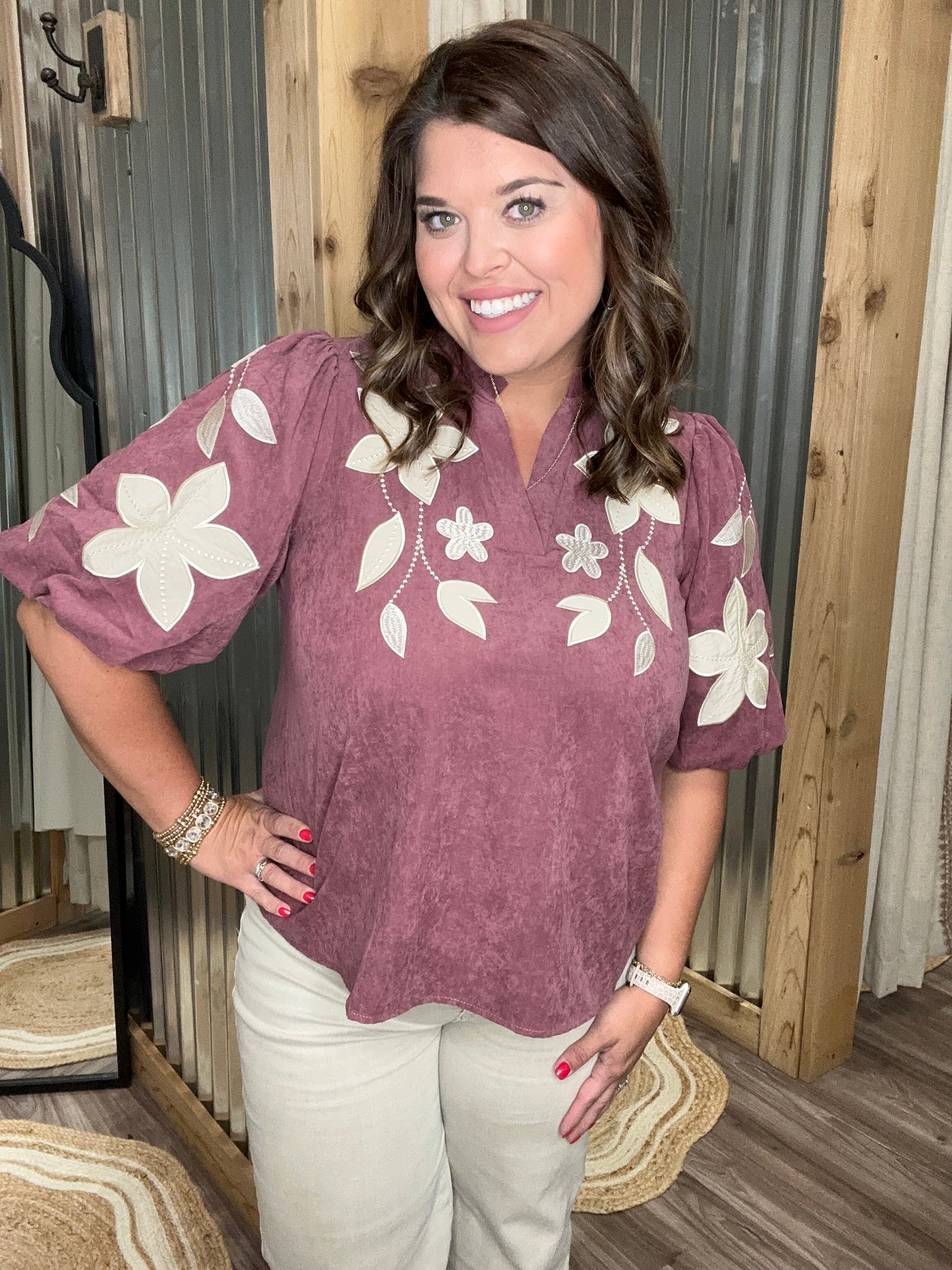 Curvy- Magnolia Mauve Embroidered Top