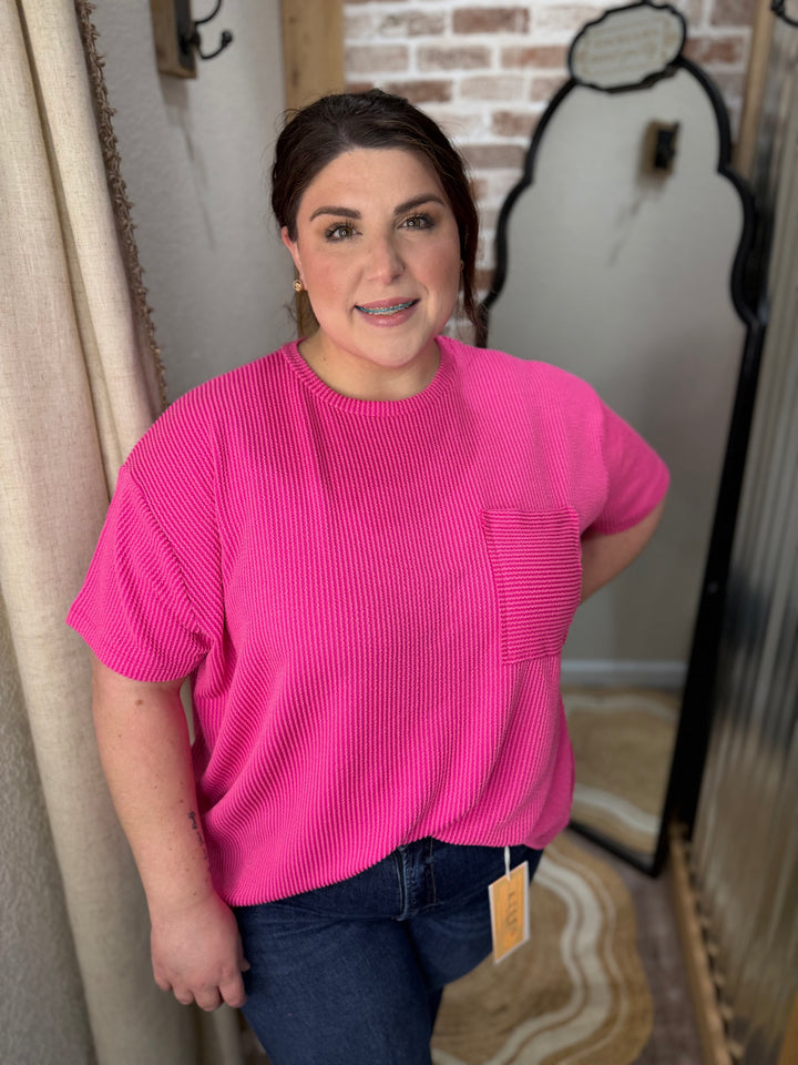 Curvy Sadie Raised Ribbed Top| Hot Pink