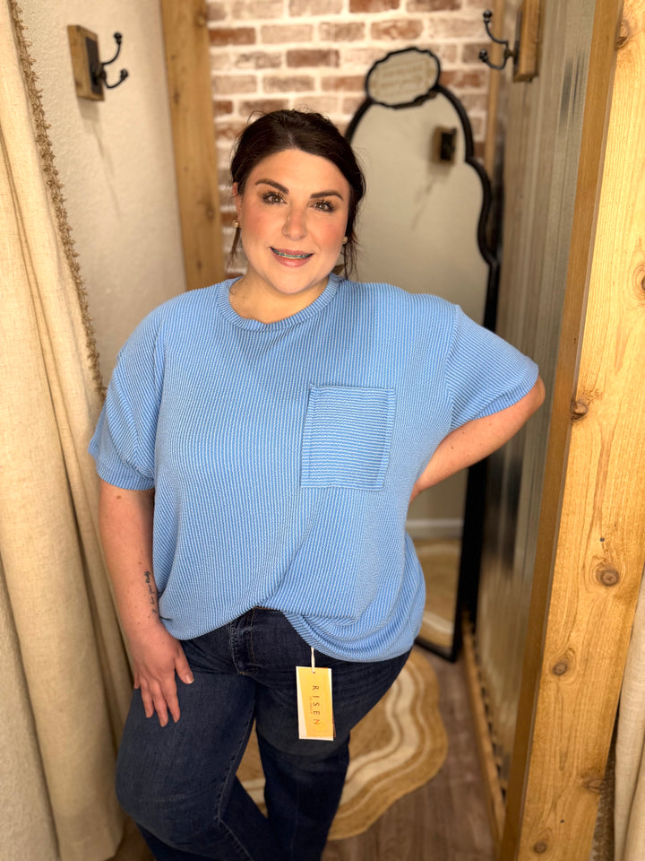 Curvy Sadie Raised Ribbed Top| Sky Blue