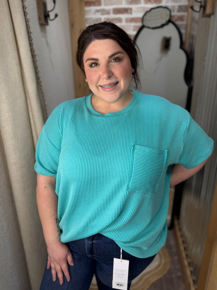 Curvy Sadie Raised Ribbed Top| Turquoise