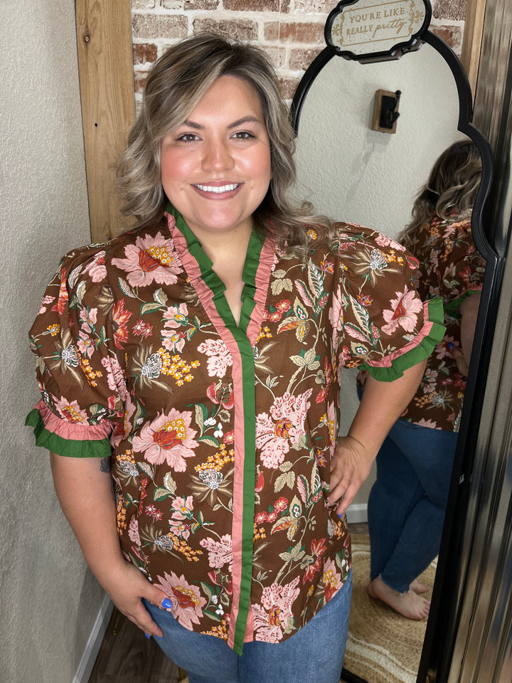 Curvy- Alaiya Brown Floral Top