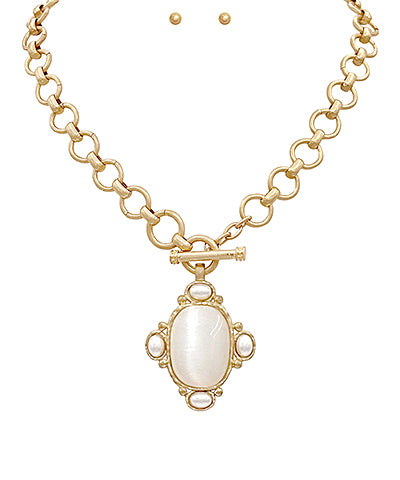 Oval Stone & Pearl Necklace Set | Cream