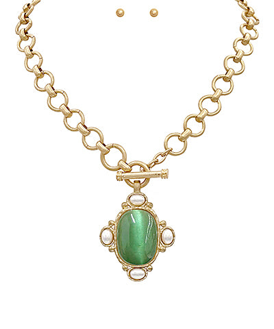 Oval Stone & Pearl Necklace Set | Sage