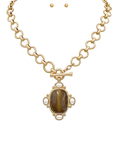 Oval Stone & Pearl Necklace Set |Brown