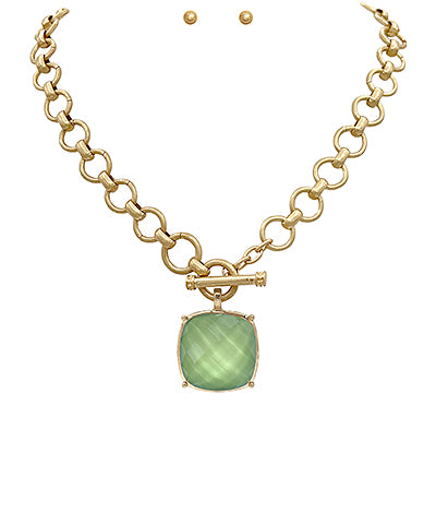 Olive Square Stone Pendant Necklace
