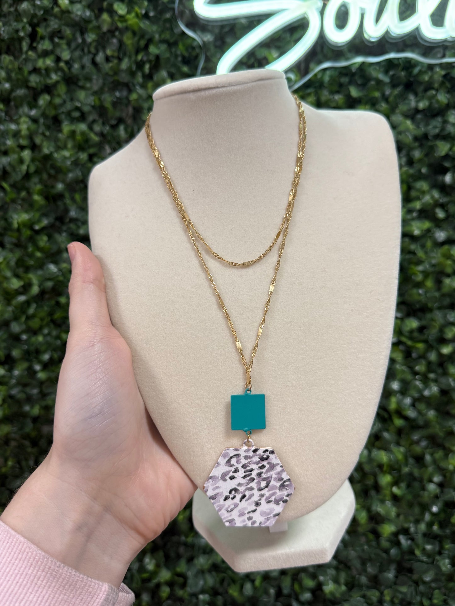 Green Square with Grey Leopard Pendant