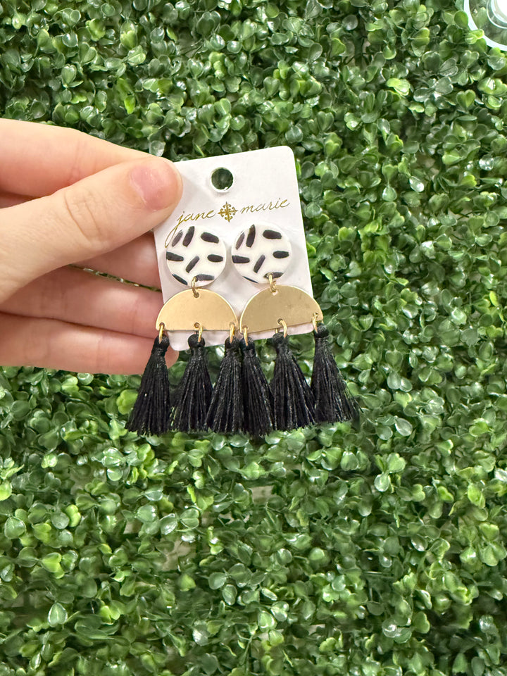 Black Speckled Gold Tassel Earrings