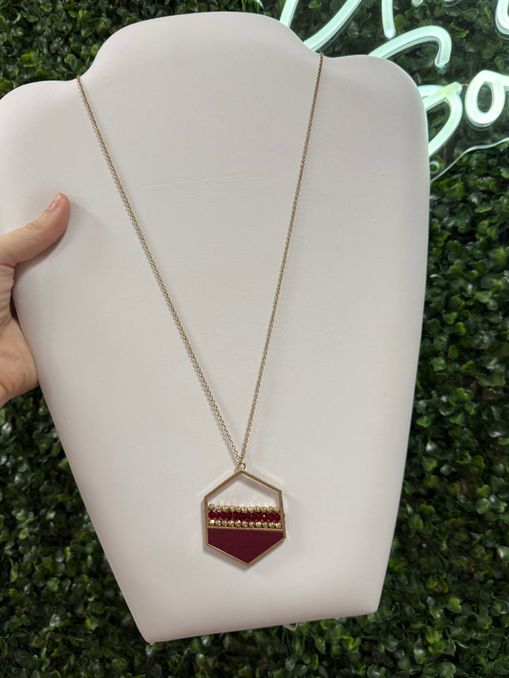 Maroon and Gold Hexagon Beaded Necklace