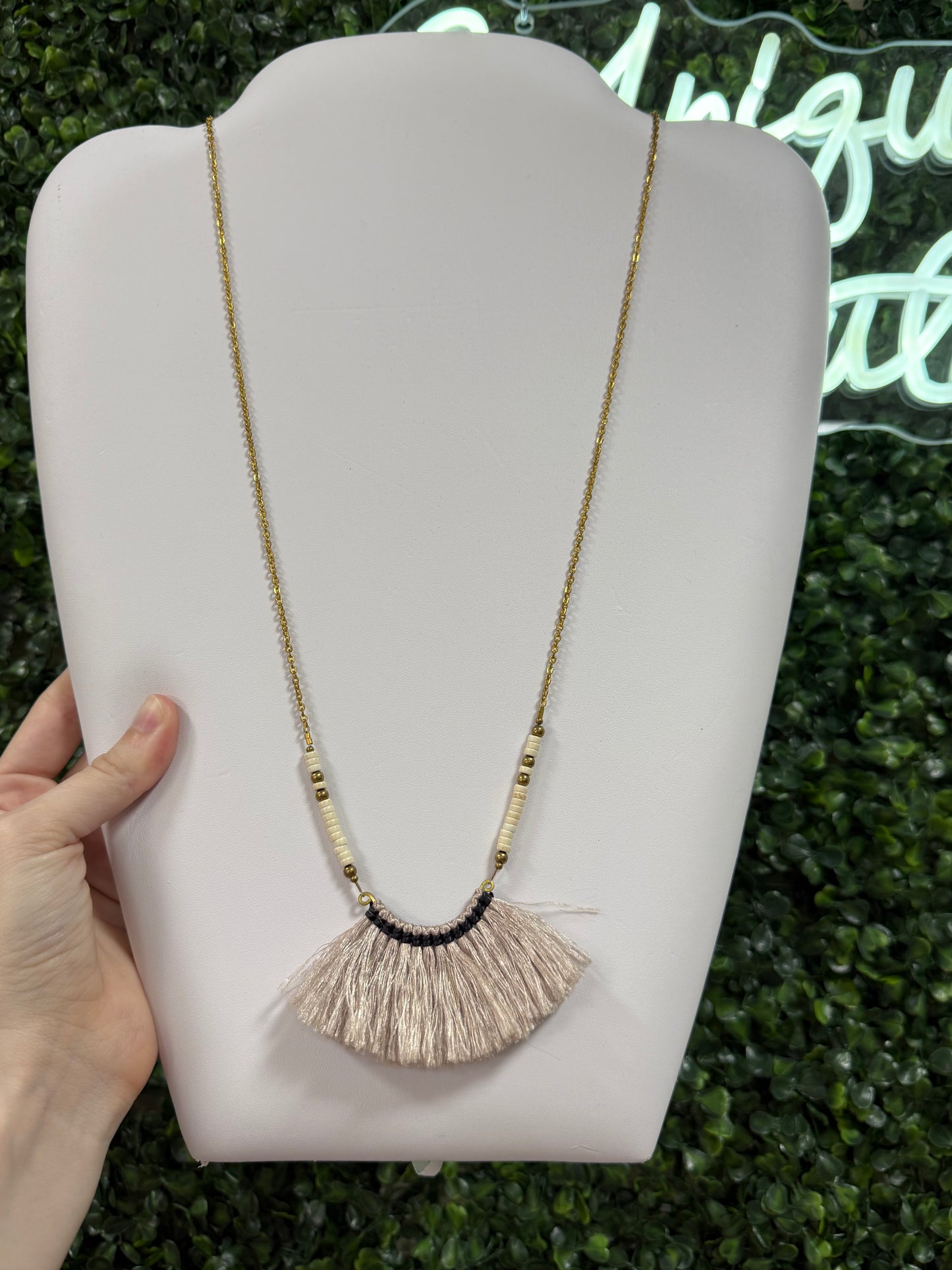 Gold Beaded Tan Fringe Necklace