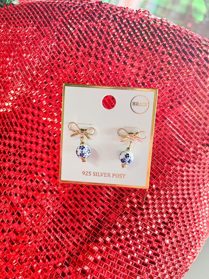 Blue & White Ball with Bow Earrings