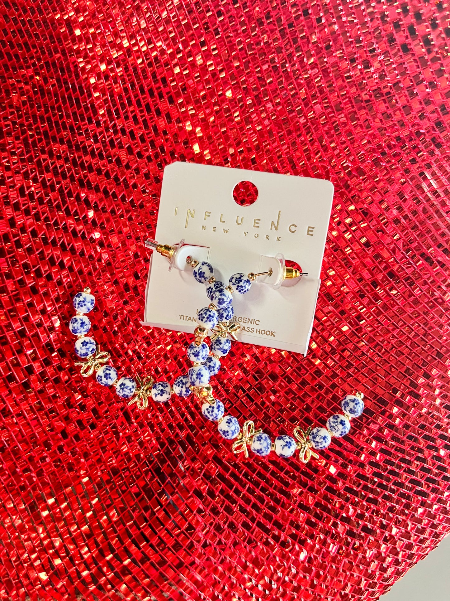 Blue & White Gold Bow Hoops