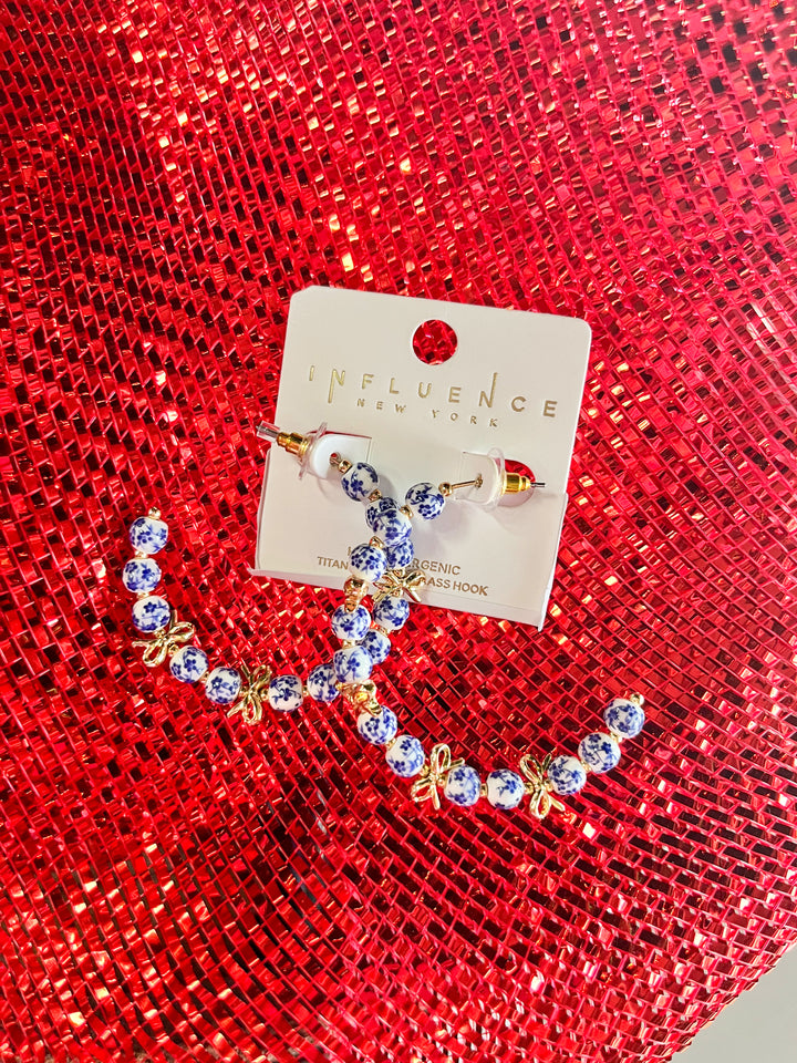 Blue & White Gold Bow Hoops