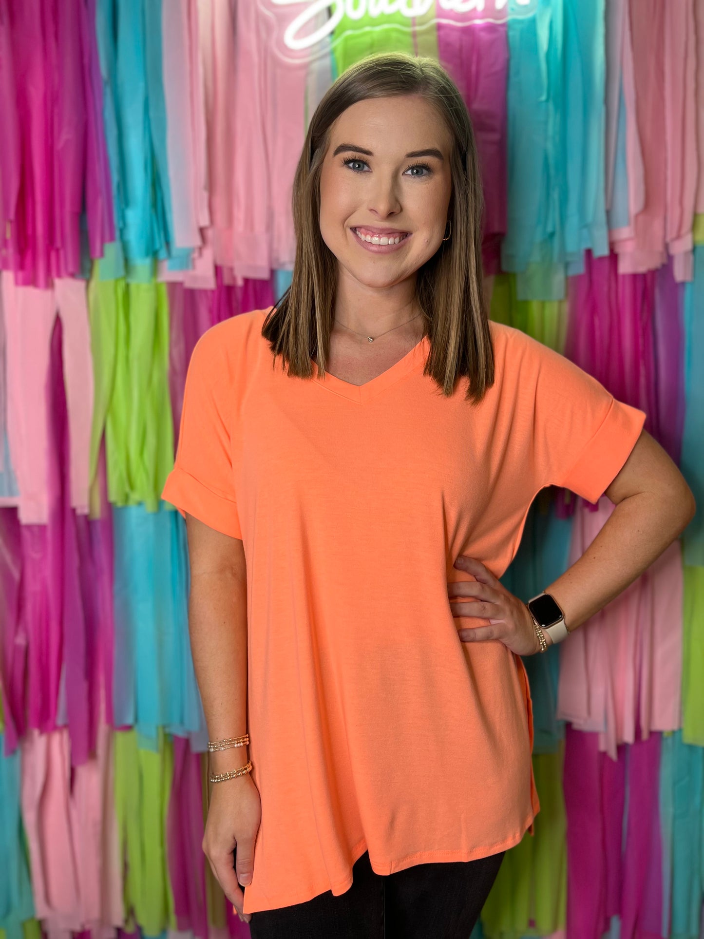 Rolled Short Sleeve Side Slit Hi-Low Hem Top