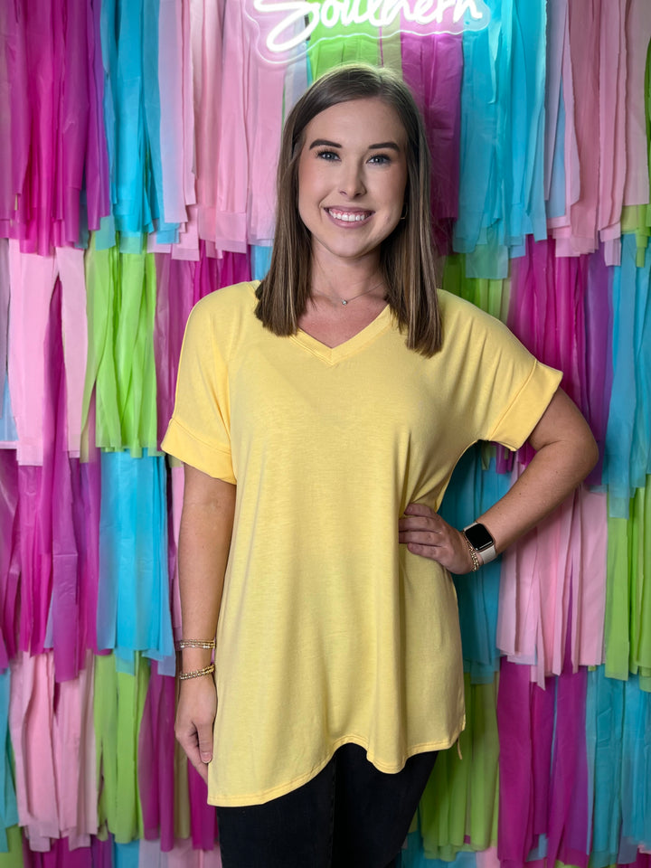 Rolled Short Sleeve Side Slit Hi-Low Hem Top