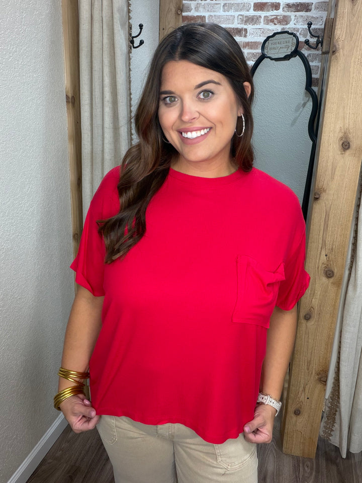RED | OVERSIZED RIBBED ROUND NECK SHORT SLEEVE TEE