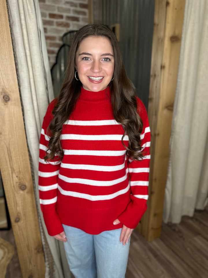 RUBY/IVORY | STRIPED MOCK NECK SWEATER