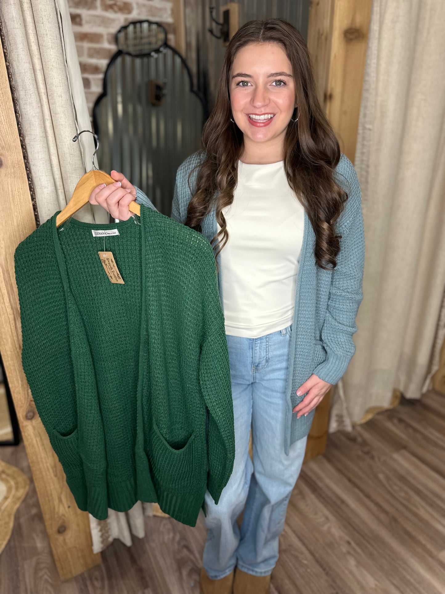 DK GREEN | WAFFLE OPEN CARDIGAN SWEATER