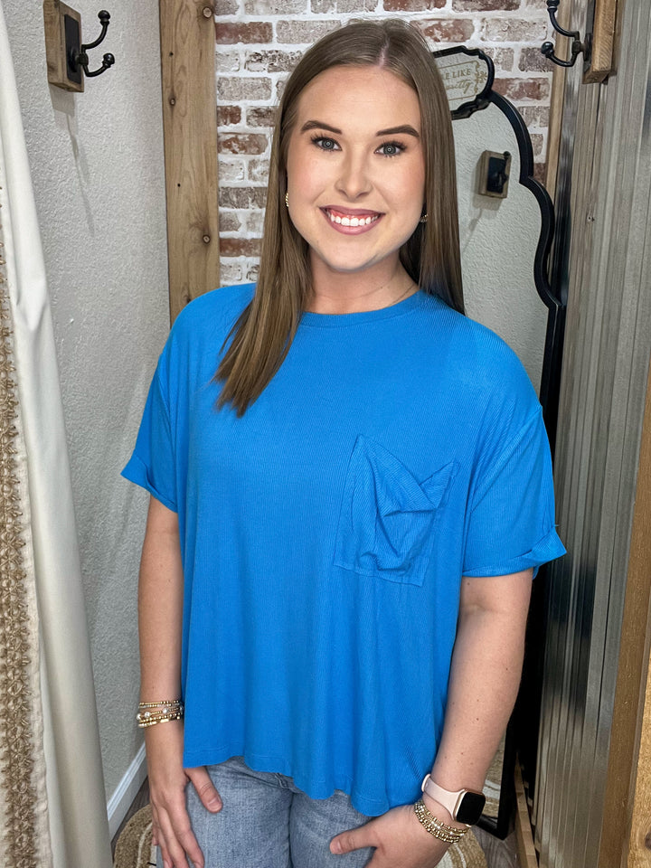 Lillian Oversized Ribbed Top| Deep Sky