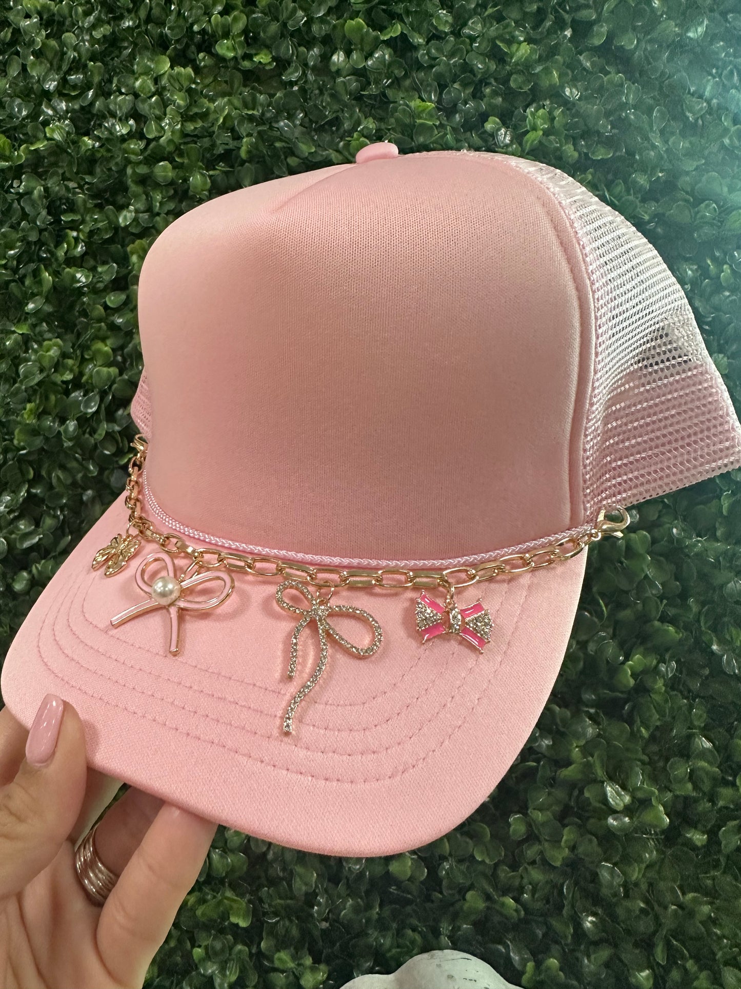 Pink Trucker Hat with Bow Charm Chain