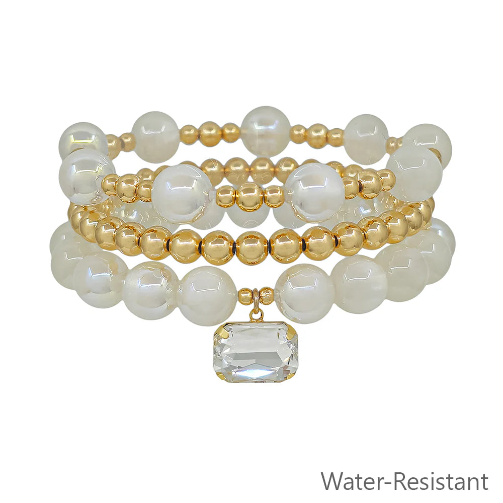 Iveigh Beaded & Gold Square Crystal Bracelet| White