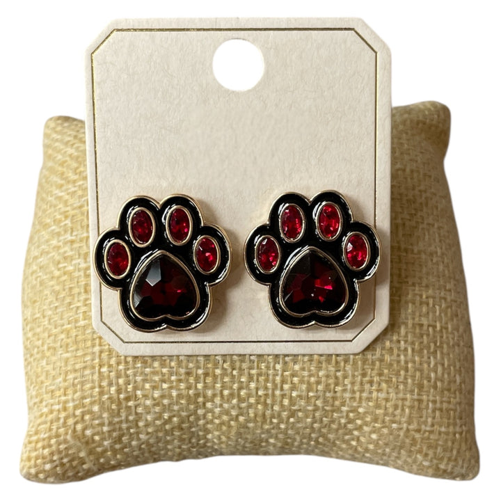 RED AND BLACK PAW CRYSTAL STUD EARRINGS