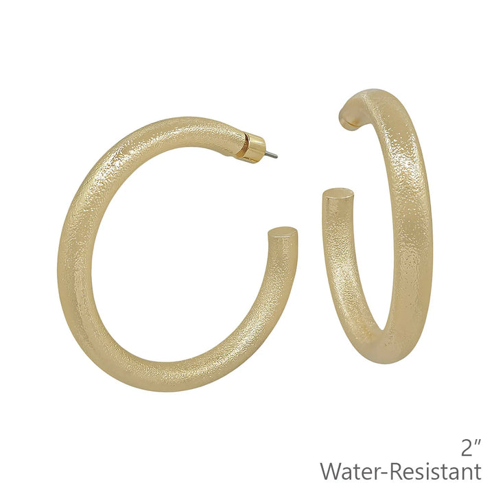 Water Resistant 2" Gold Textured Metal Hoop Earrings