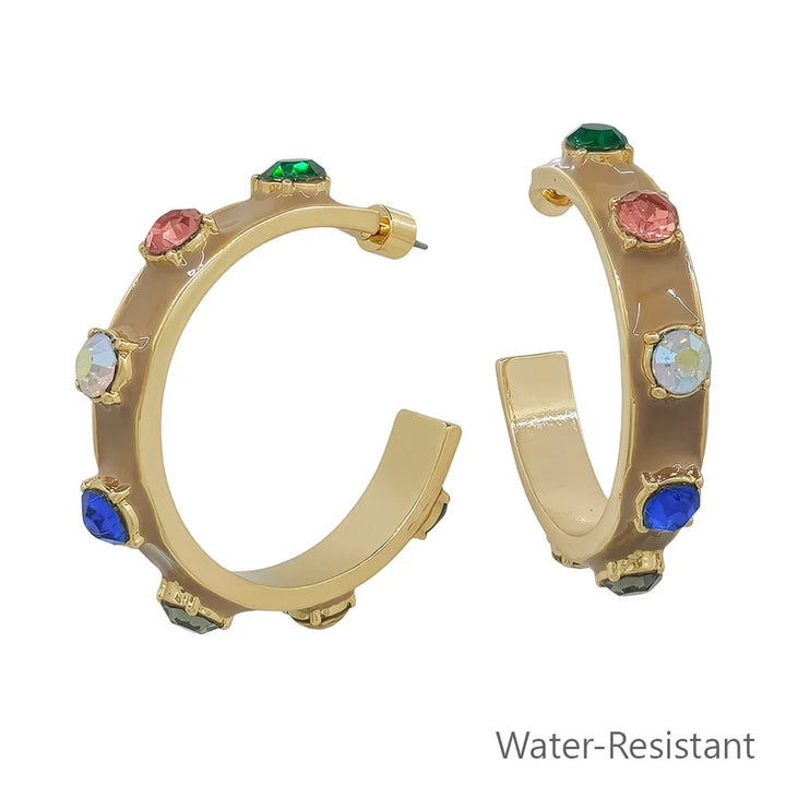 Water Resistant 1.8" 7MM Wide Multi Epoxy Stone Hoop Earring